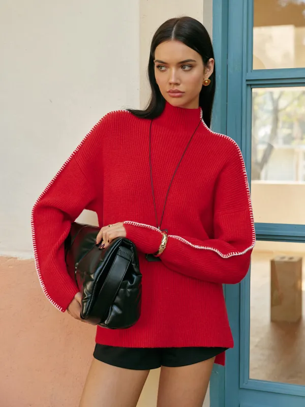 Mock Neck Contrast Binding Split Sweater sold by COMMENSE