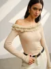Asymmetrical Neck Lettuce Trim Jersey Top sold by COMMENSE