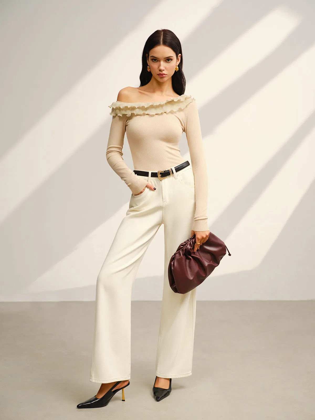 Asymmetrical Neck Lettuce Trim Jersey Top sold by COMMENSE product image thumbnail 2