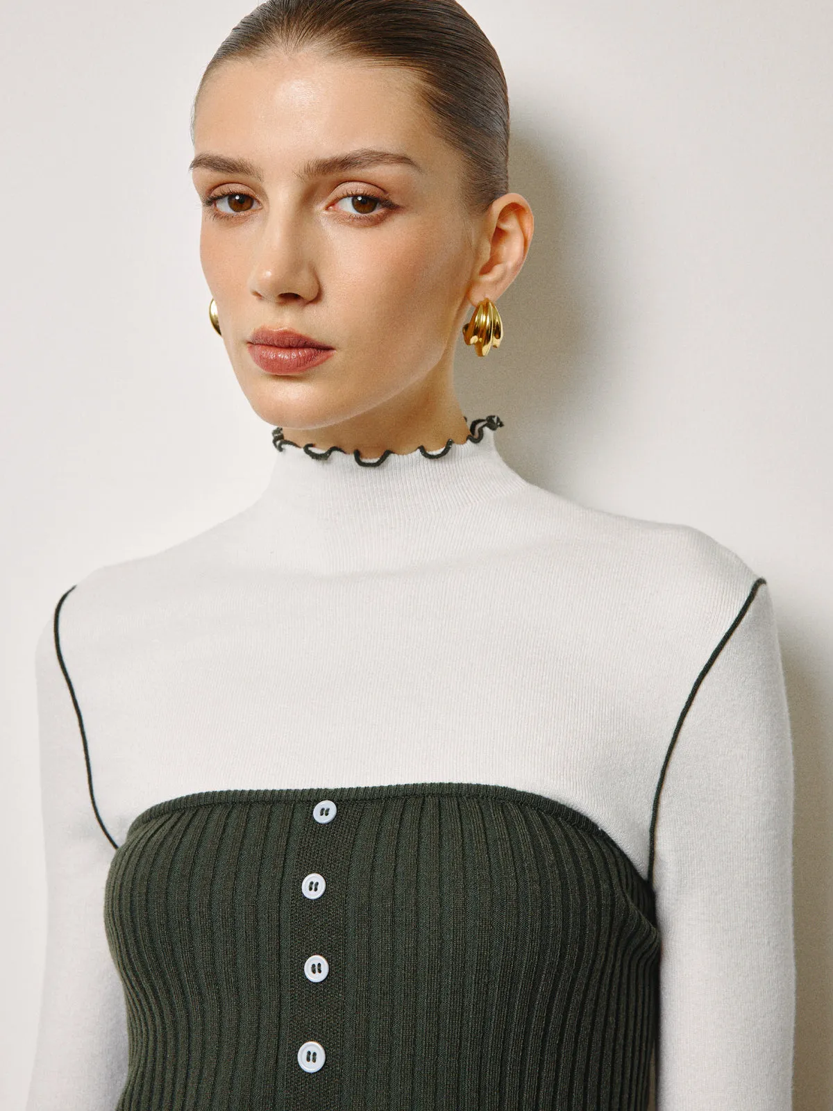 Two-Piece Lettuce Trim Knit Top With Slit Vest sold by COMMENSE product image thumbnail 4