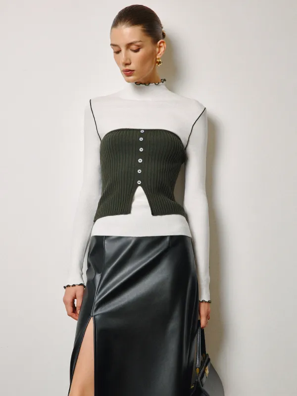 Two-Piece Lettuce Trim Knit Top With Slit Vest made by COMMENSE