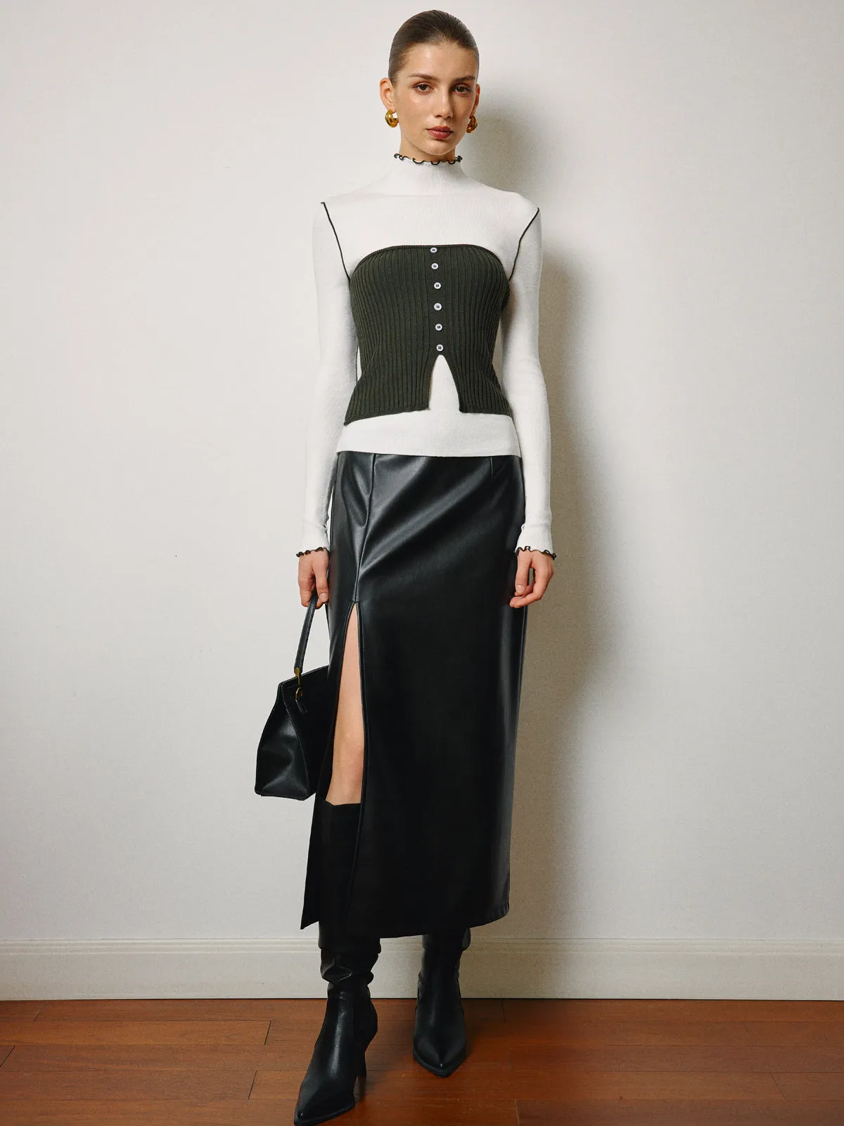 Two-Piece Lettuce Trim Knit Top With Slit Vest sold by COMMENSE product image thumbnail 3