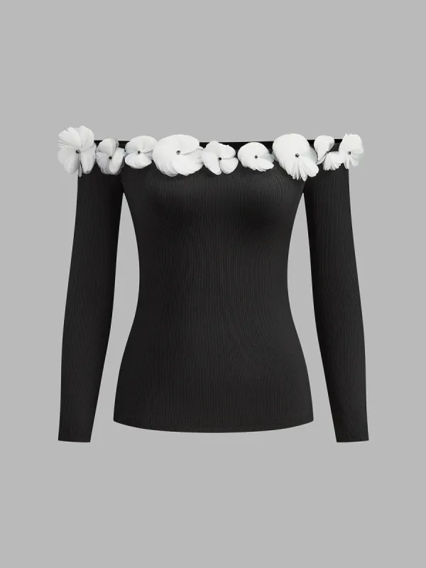 Off-Shoulder Floral Decor T-Shirt sold by COMMENSE