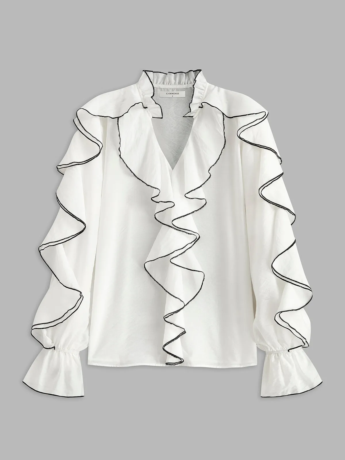 Contrast Binding Ruffle Thin Blouse sold by COMMENSE