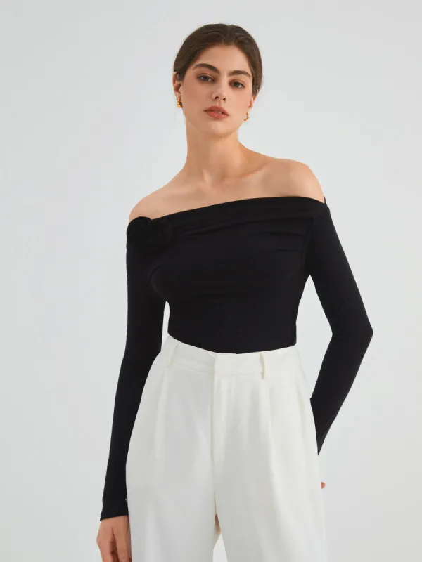 Off Shoulder Rosette Long Sleeve Top sold by COMMENSE