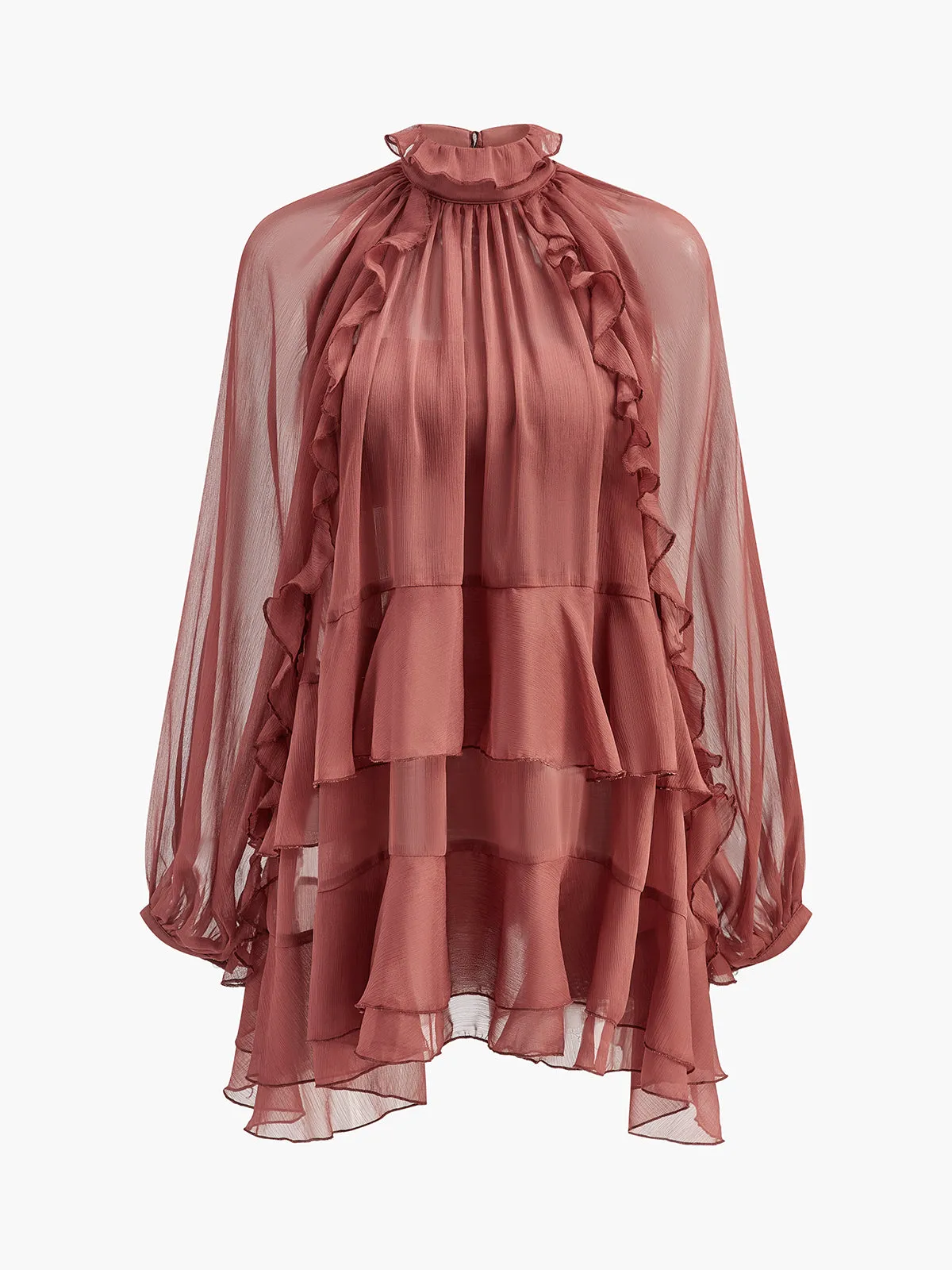 Tie Neck Semi-Sheer Ruffle Chiffon Dress sold by COMMENSE