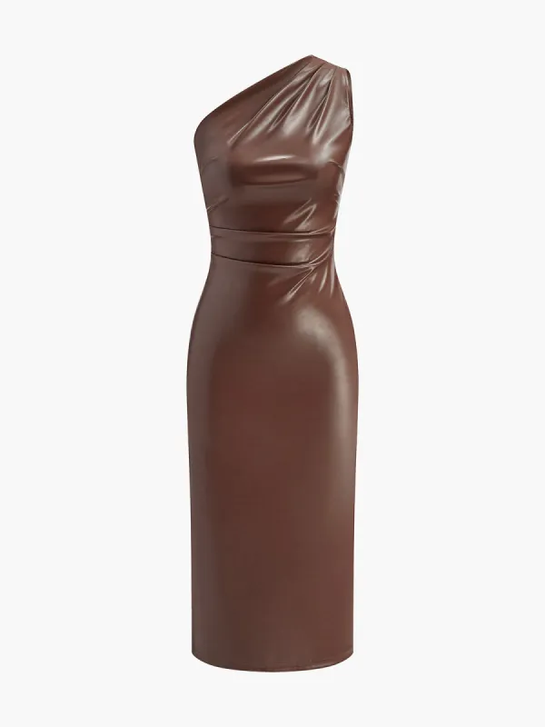 Faux Leather One-Shoulder Zipper Tank Dress sold by COMMENSE