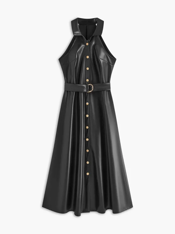 Faux Leather Sleeveless Belted Dress sold by COMMENSE