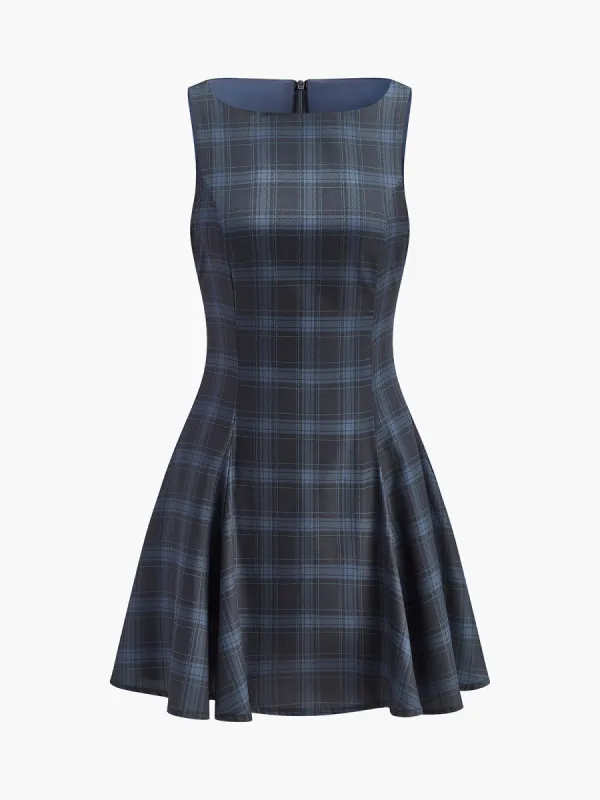 Checked Pleated Zipper Tank Dress made by COMMENSE