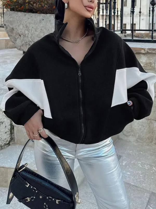 Colorblock Pocket Stand Collar Zippered Jacket sold by COMMENSE