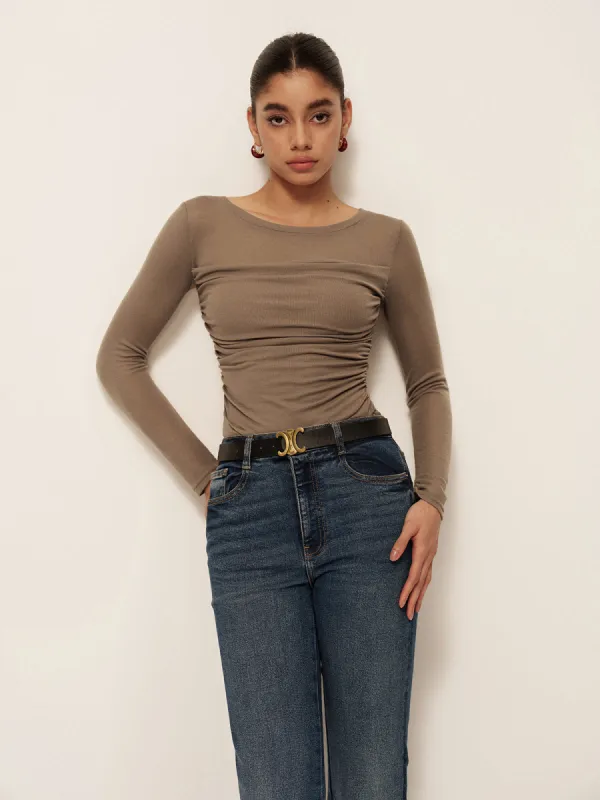Long Sleeve Pleated Slim Panel T-Shirt sold by COMMENSE