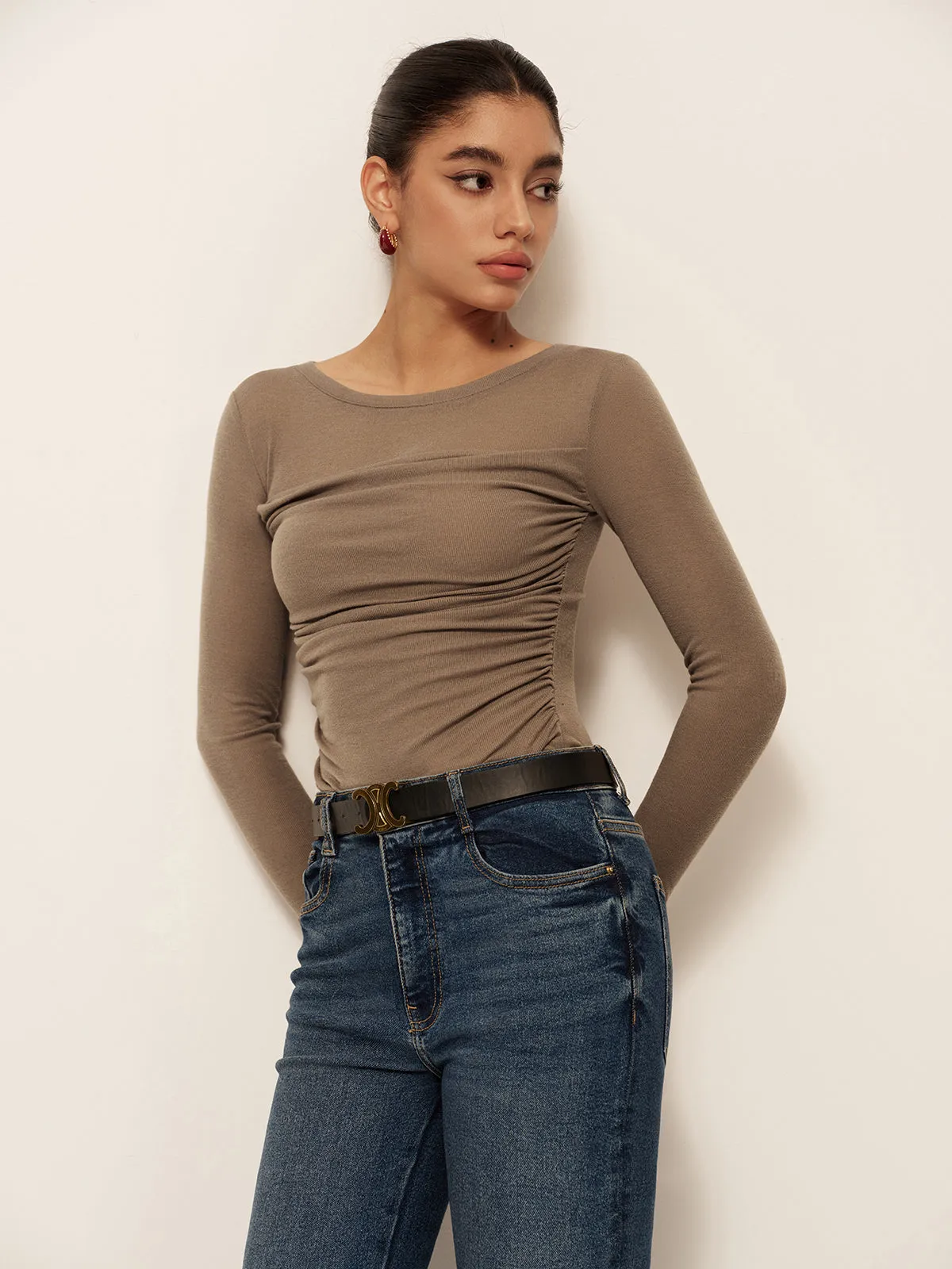 Long Sleeve Pleated Slim Panel T-Shirt sold by COMMENSE product image thumbnail 2