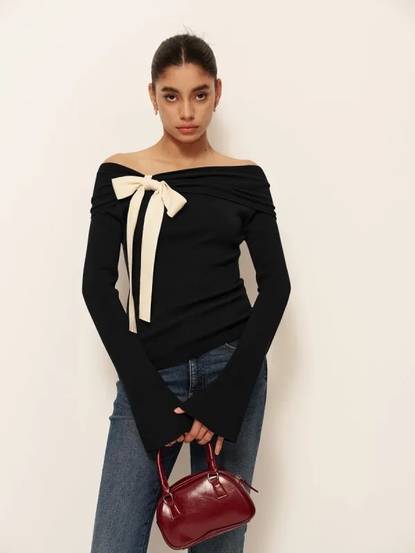 Wool-Blend Bow-Decor Bell Sleeve Knit Top sold by COMMENSE
