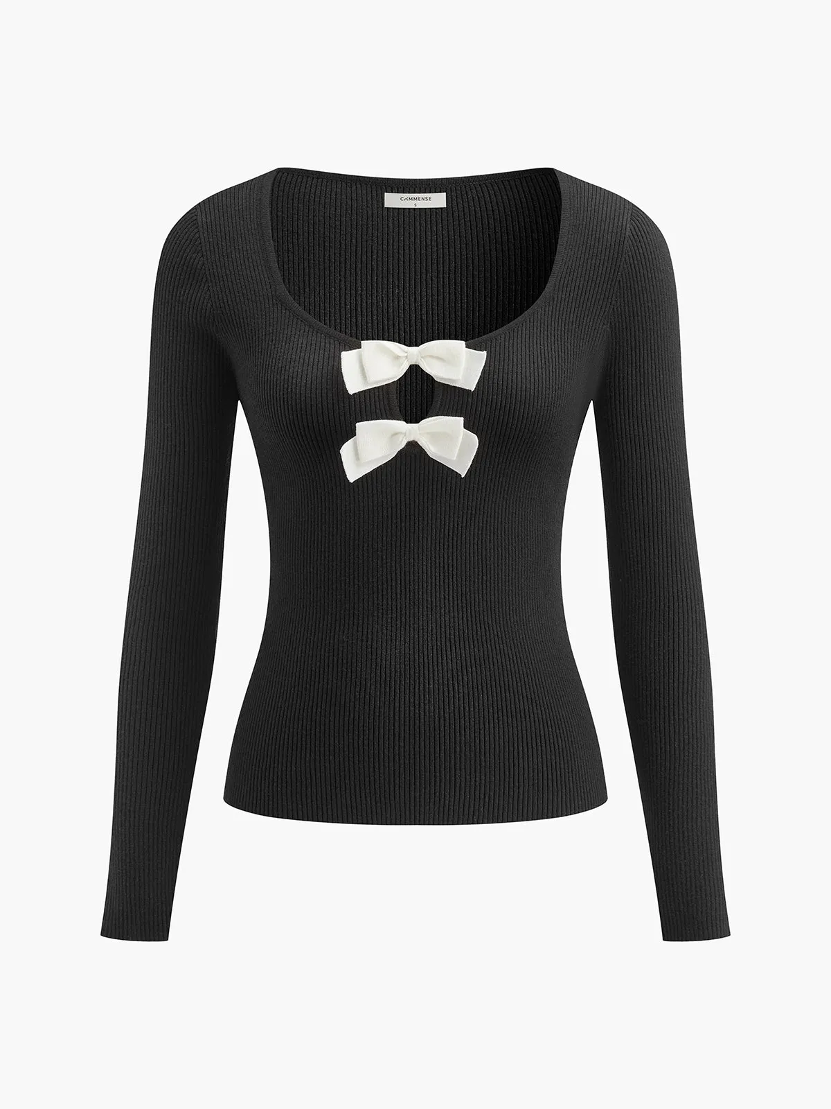 Bow-Decor Cutout Slim Sweater sold by COMMENSE