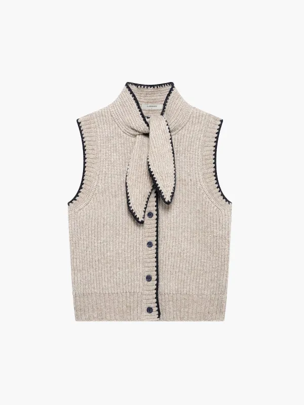 Tie Neck Contrast Trim Button Sweater Vest sold by COMMENSE