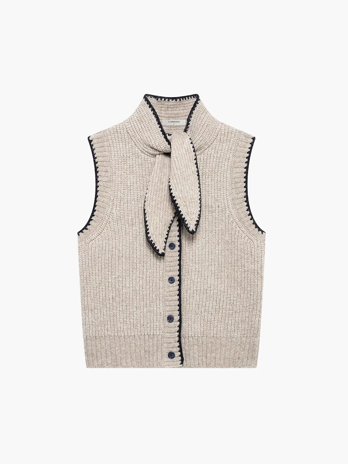Tie Neck Contrast Trim Button Sweater Vest sold by COMMENSE