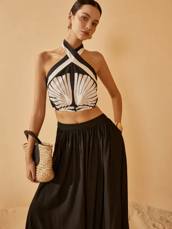 Backless Printed Cross Halter Top sold by COMMENSE