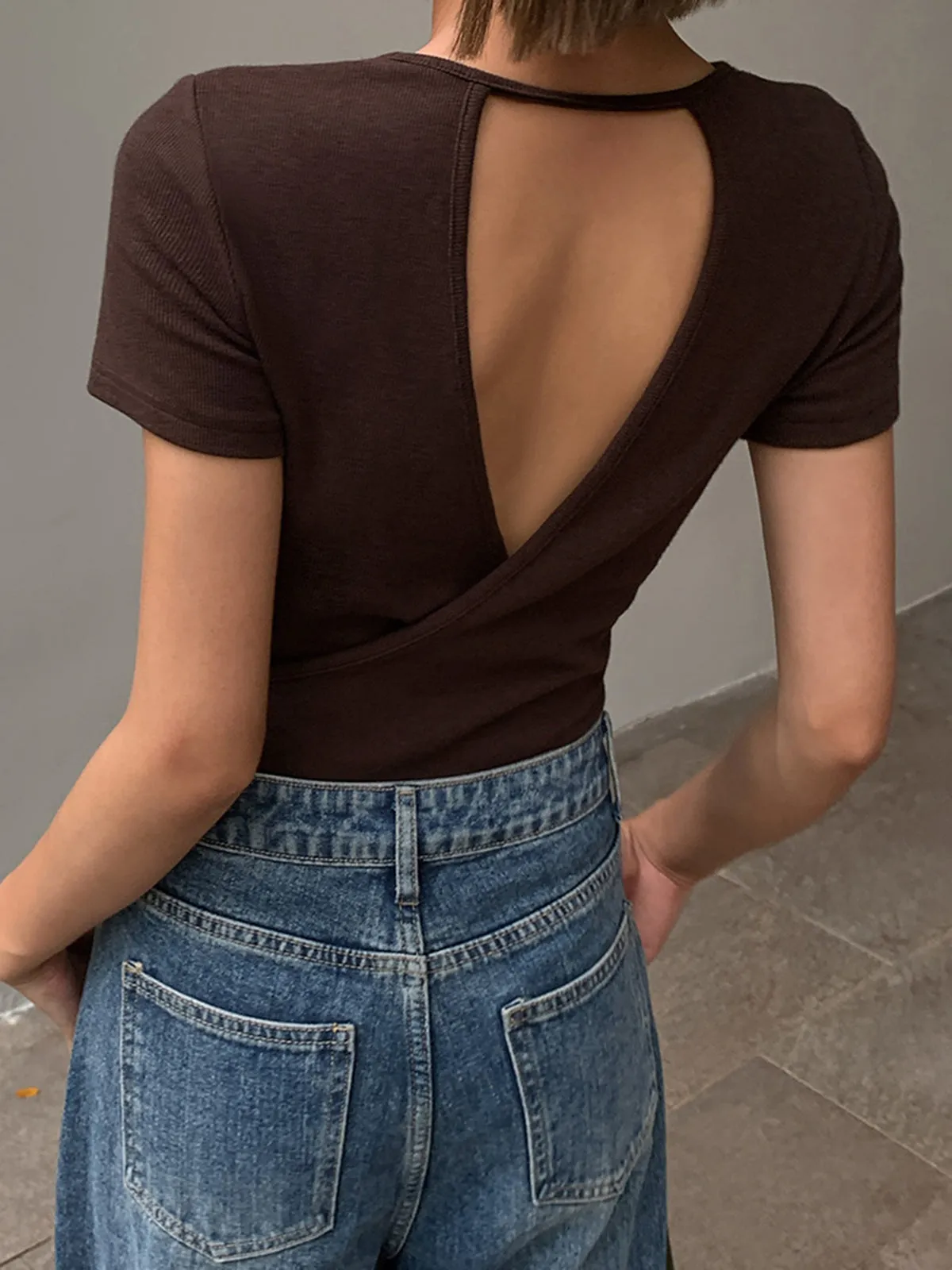 Solid Crew Neck Backless Top sold by COMMENSE