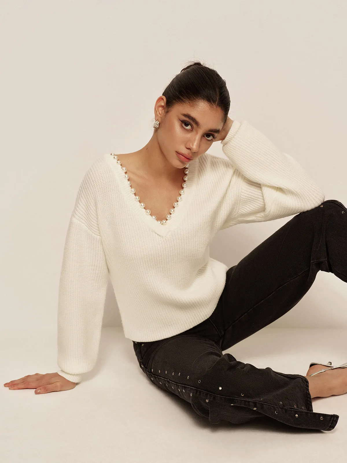 V-Neck Beaded-Decor Sweater sold by COMMENSE