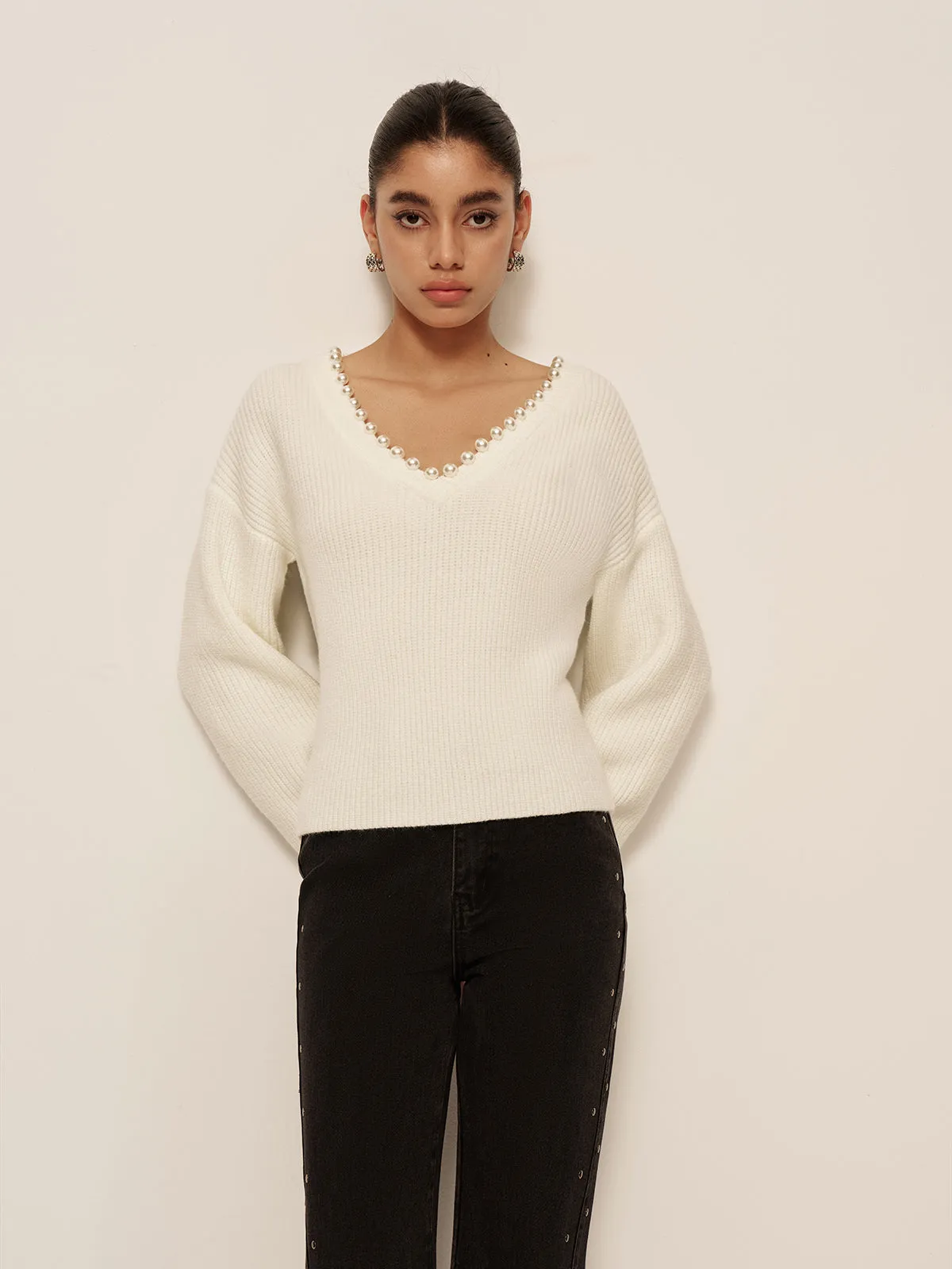 V-Neck Beaded-Decor Sweater sold by COMMENSE product image thumbnail 4