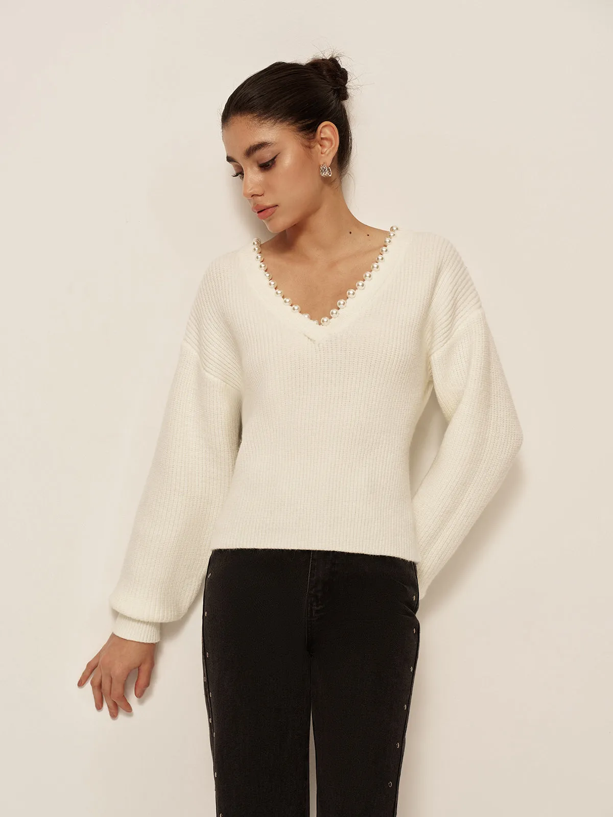 V-Neck Beaded-Decor Sweater sold by COMMENSE product image thumbnail 5