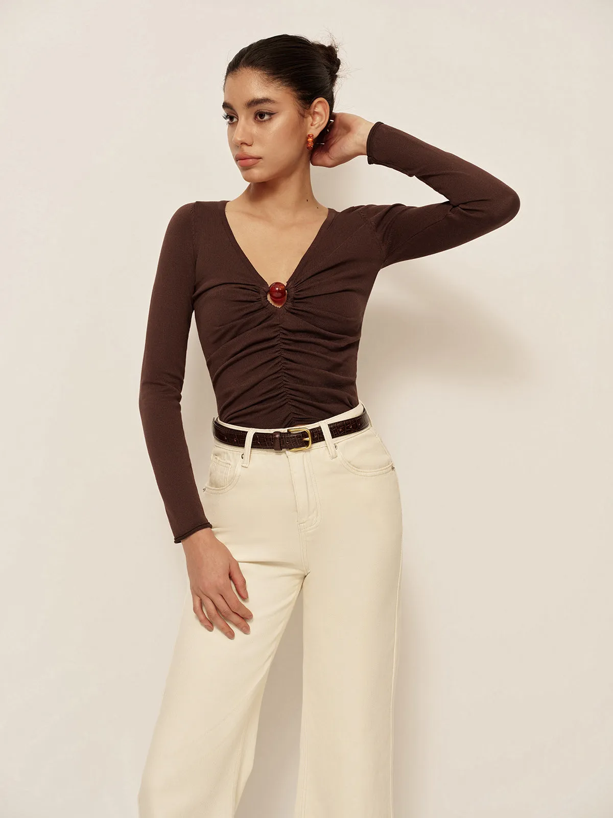 V-Neck Cutout Pleated Slim Knit Top sold by COMMENSE product image thumbnail 3