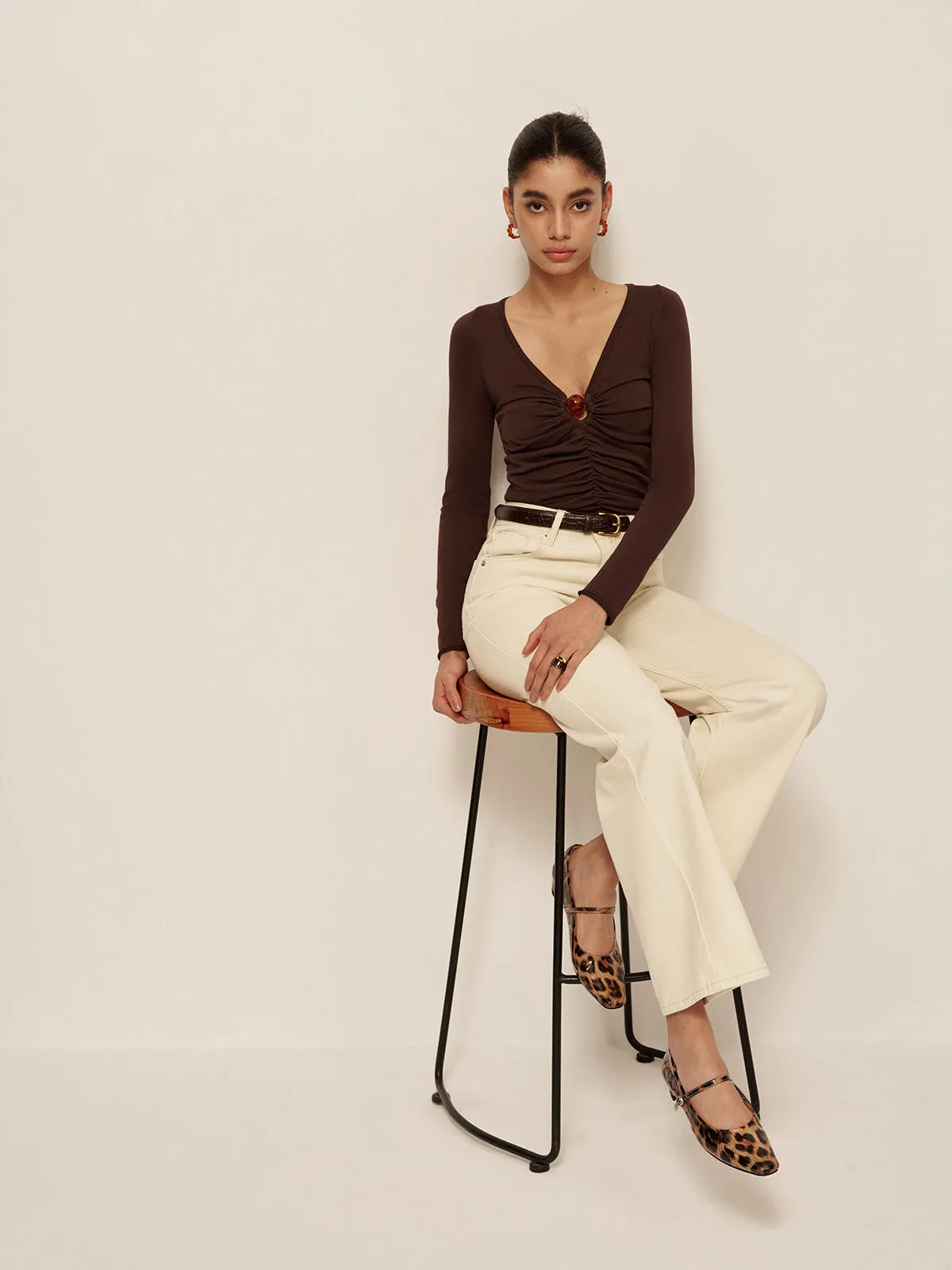 V-Neck Cutout Pleated Slim Knit Top sold by COMMENSE product image thumbnail 2