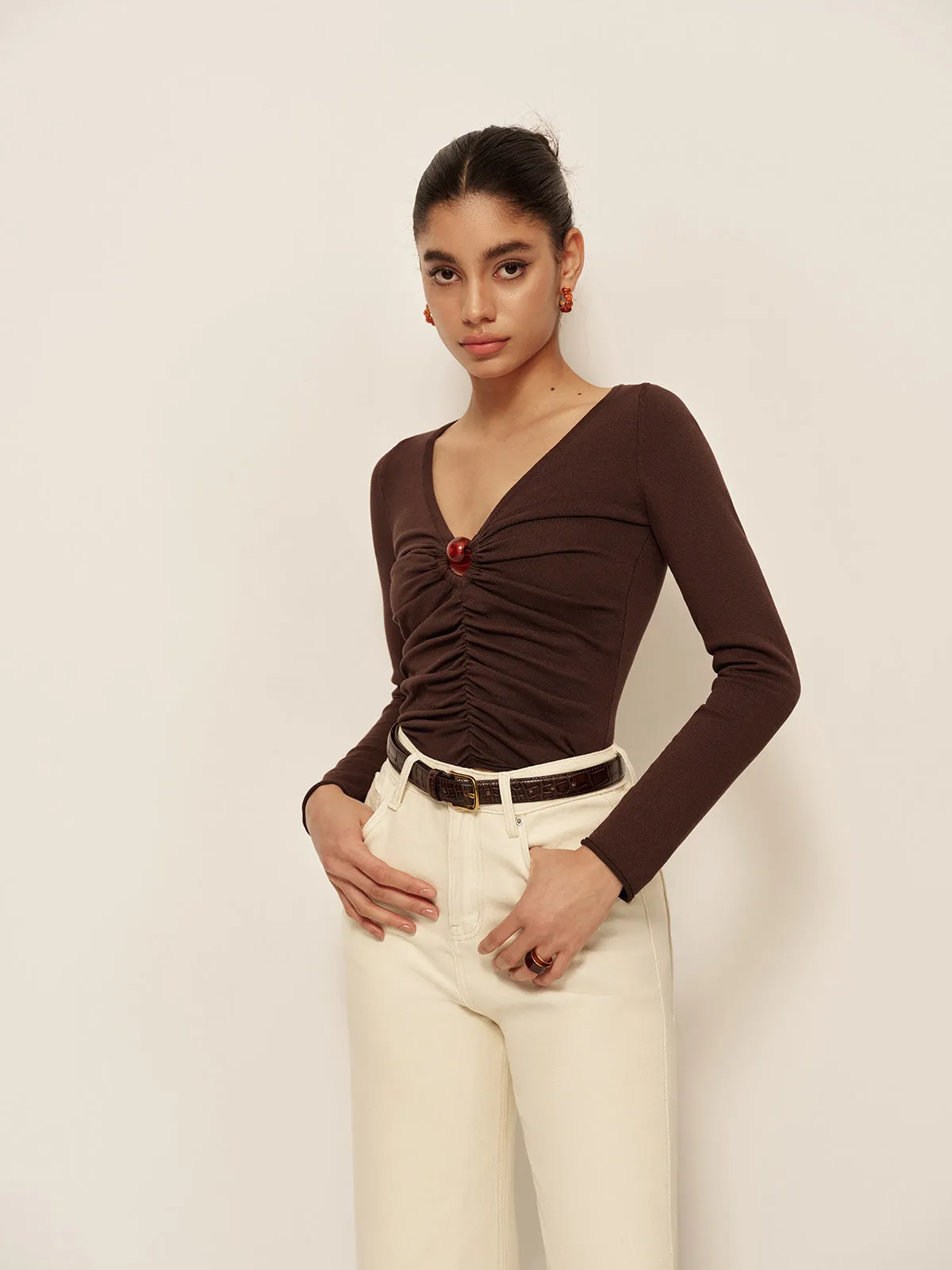 V-Neck Cutout Pleated Slim Knit Top sold by COMMENSE product image thumbnail 4
