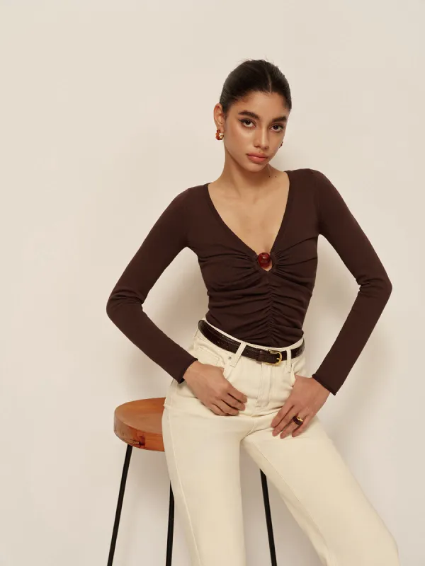V-Neck Cutout Pleated Slim Knit Top sold by COMMENSE