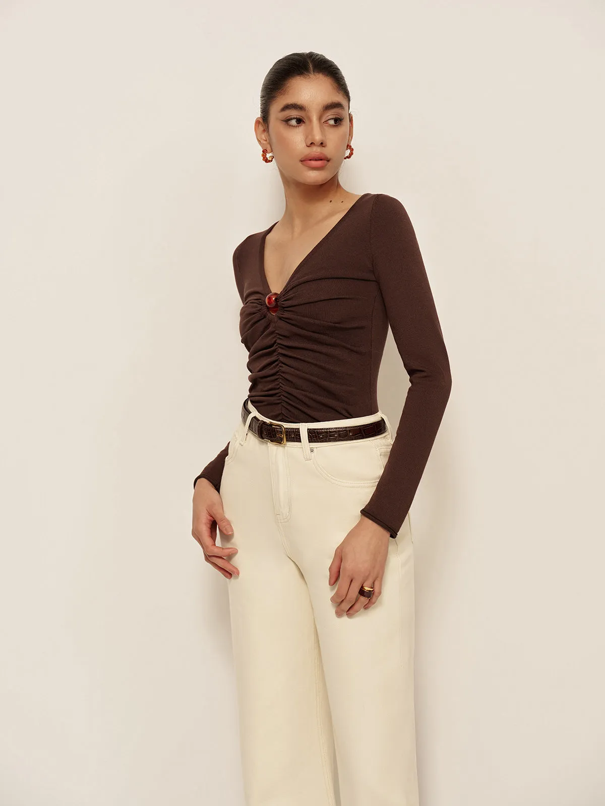 V-Neck Cutout Pleated Slim Knit Top sold by COMMENSE product image thumbnail 5