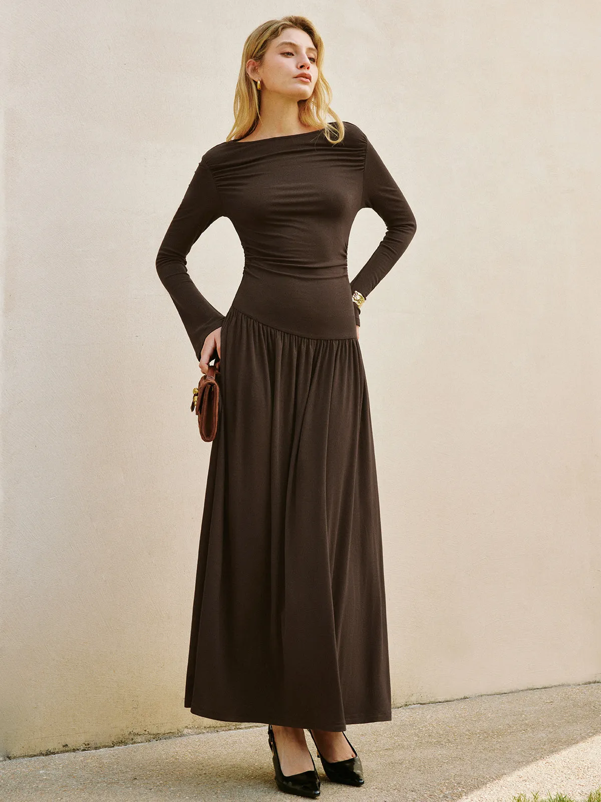 Bell Sleeve Pleated Jersey Long Dress sold by COMMENSE product image thumbnail 2