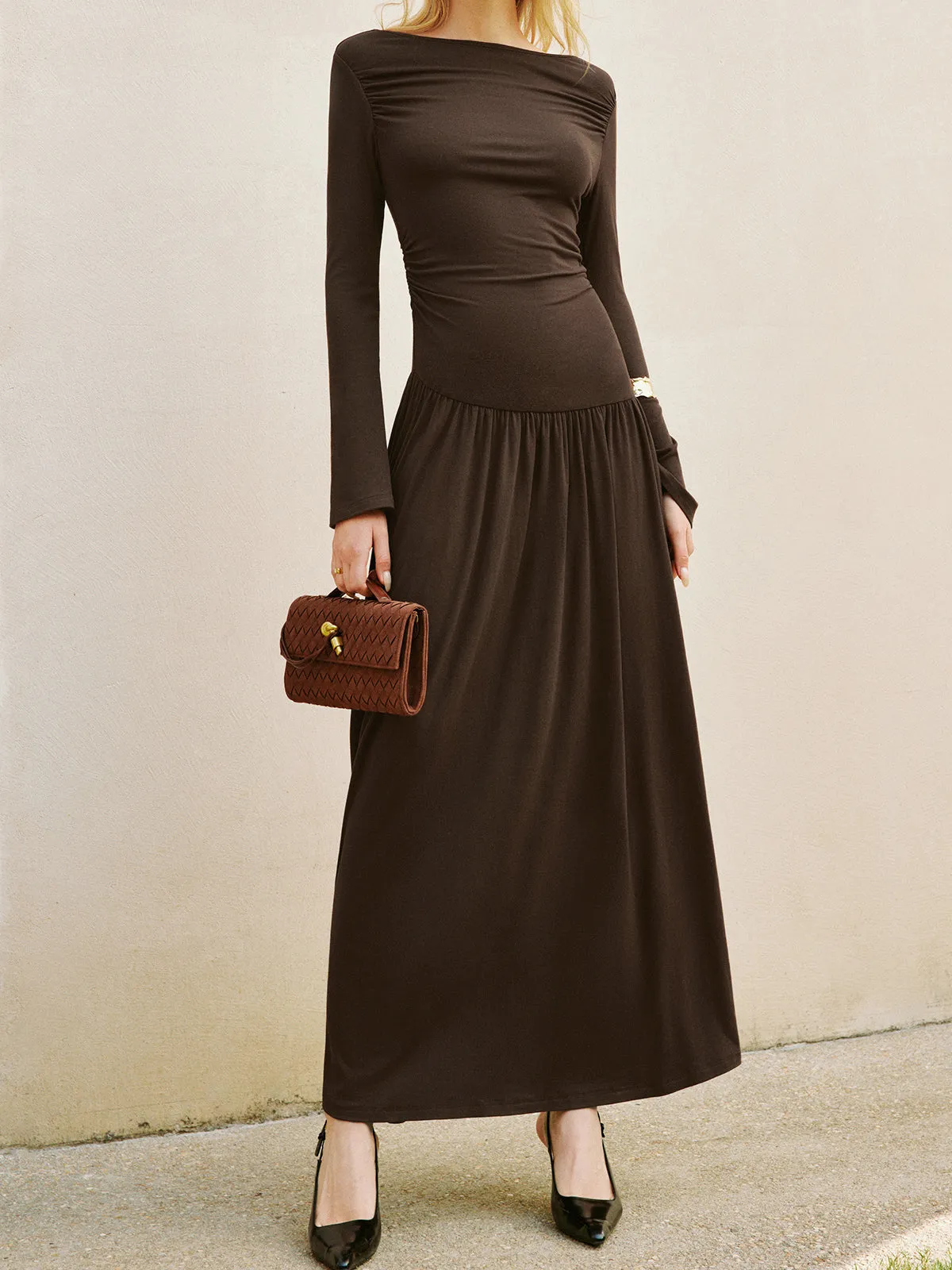 Bell Sleeve Pleated Jersey Long Dress sold by COMMENSE product image thumbnail 3