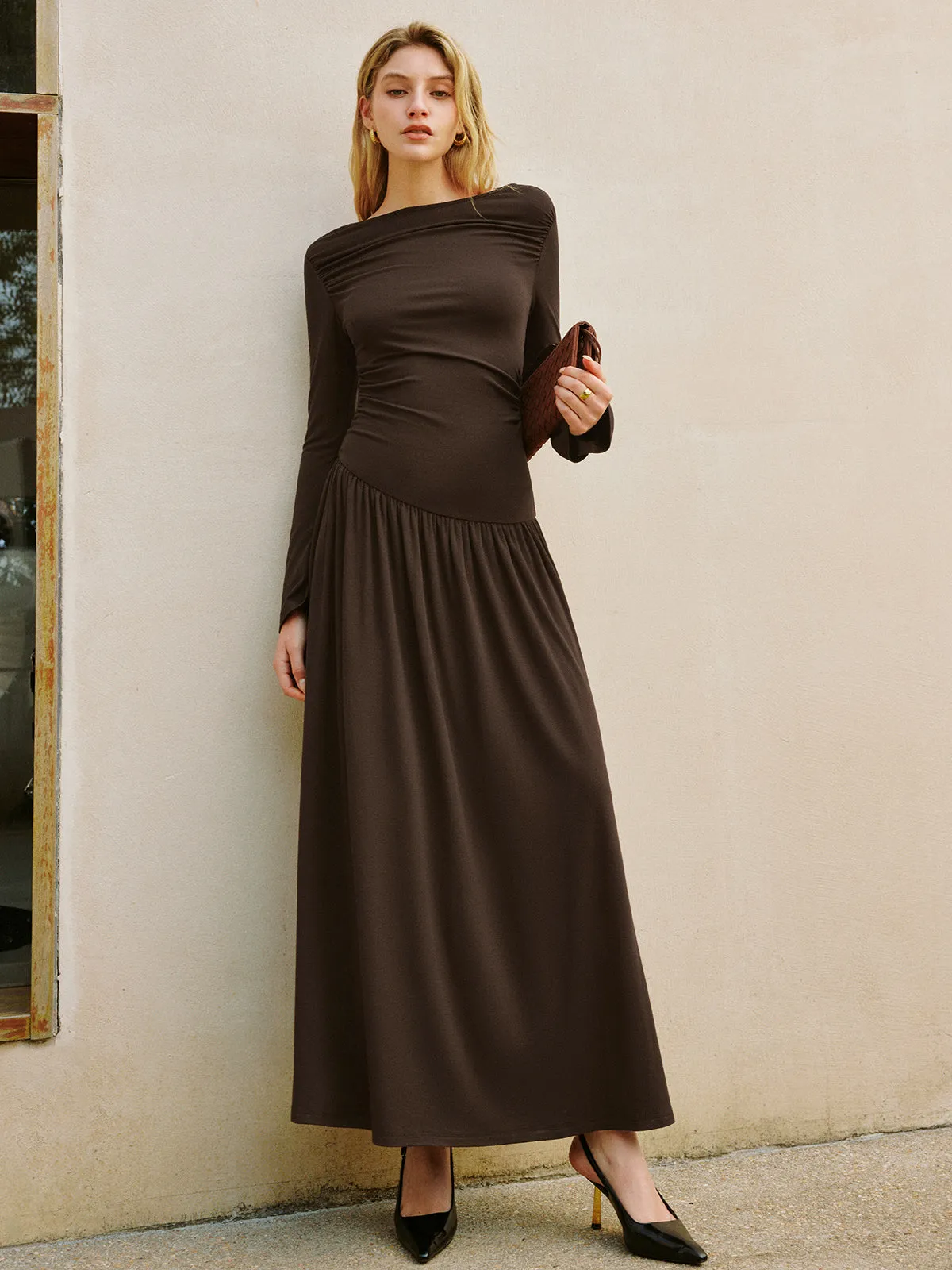 Bell Sleeve Pleated Jersey Long Dress sold by COMMENSE product image thumbnail 4