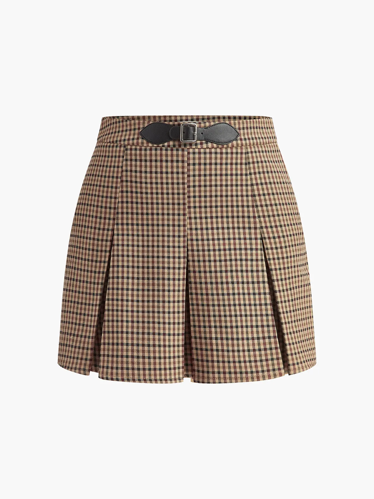 Mid-Waist Buckle-Design Plaid Pleated Skirt sold by COMMENSE
