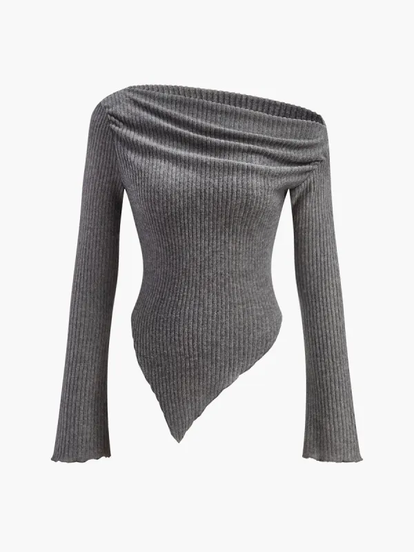 Cold-Shoulder Asymmetrical Slim Knit Top sold by COMMENSE