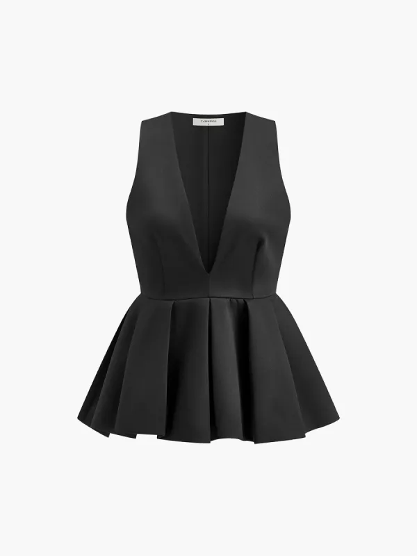 Deep V-Neck Sleeveless Pleated Blouse sold by COMMENSE