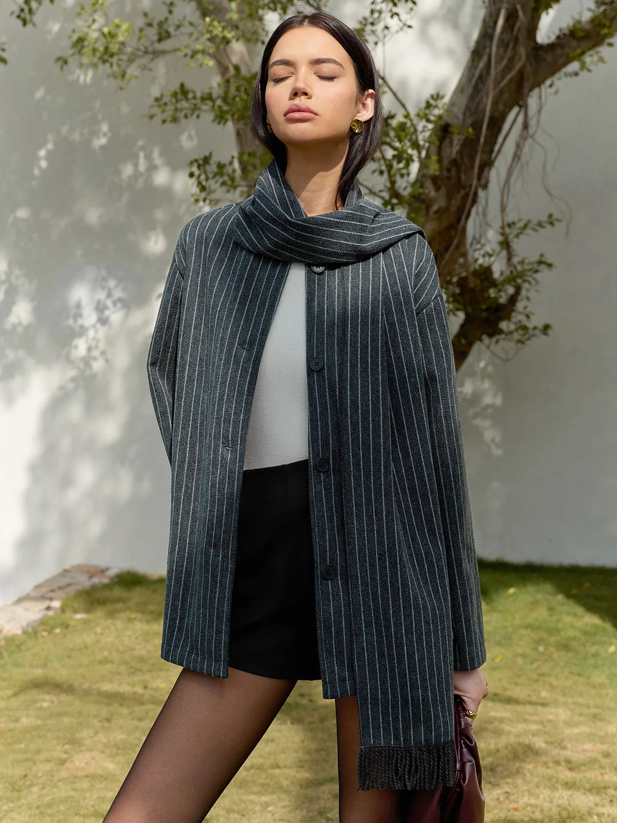 Pinstripe Button Blazer With Matching Tassel Scarf sold by COMMENSE product image thumbnail 5