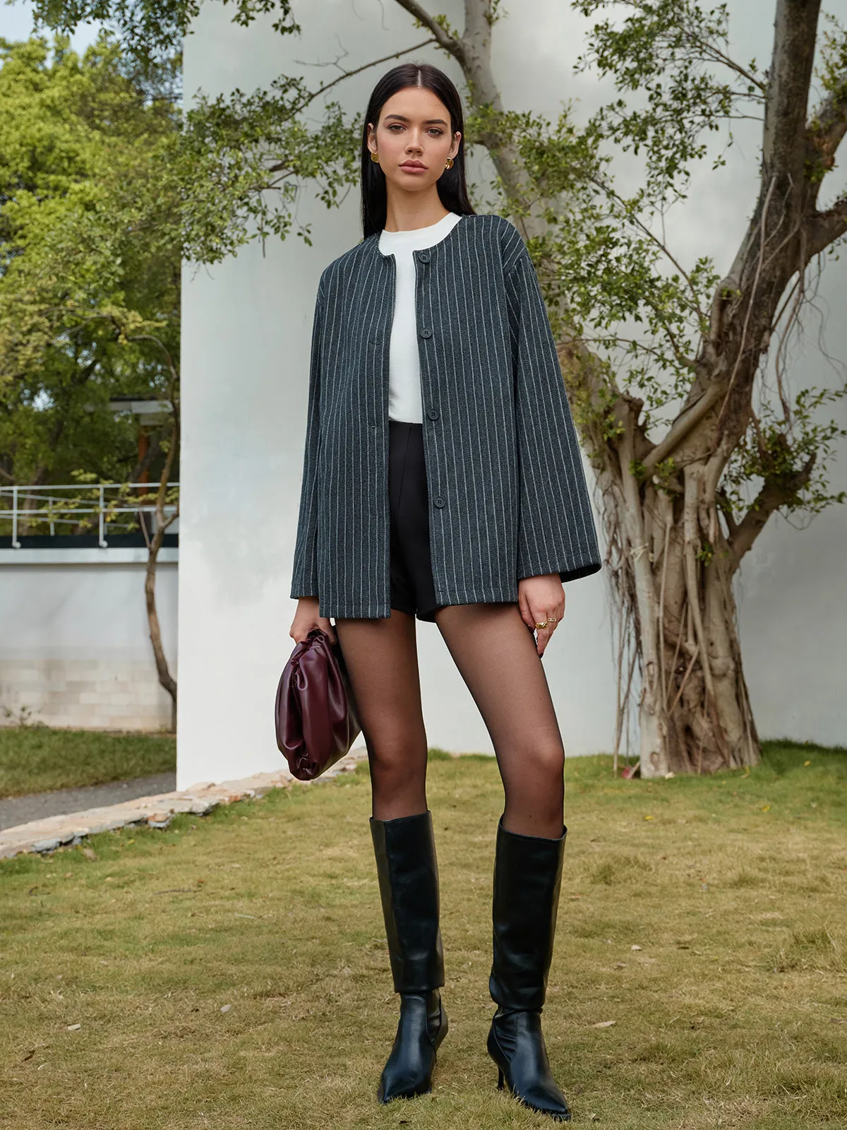Pinstripe Button Blazer With Matching Tassel Scarf sold by COMMENSE product image thumbnail 4