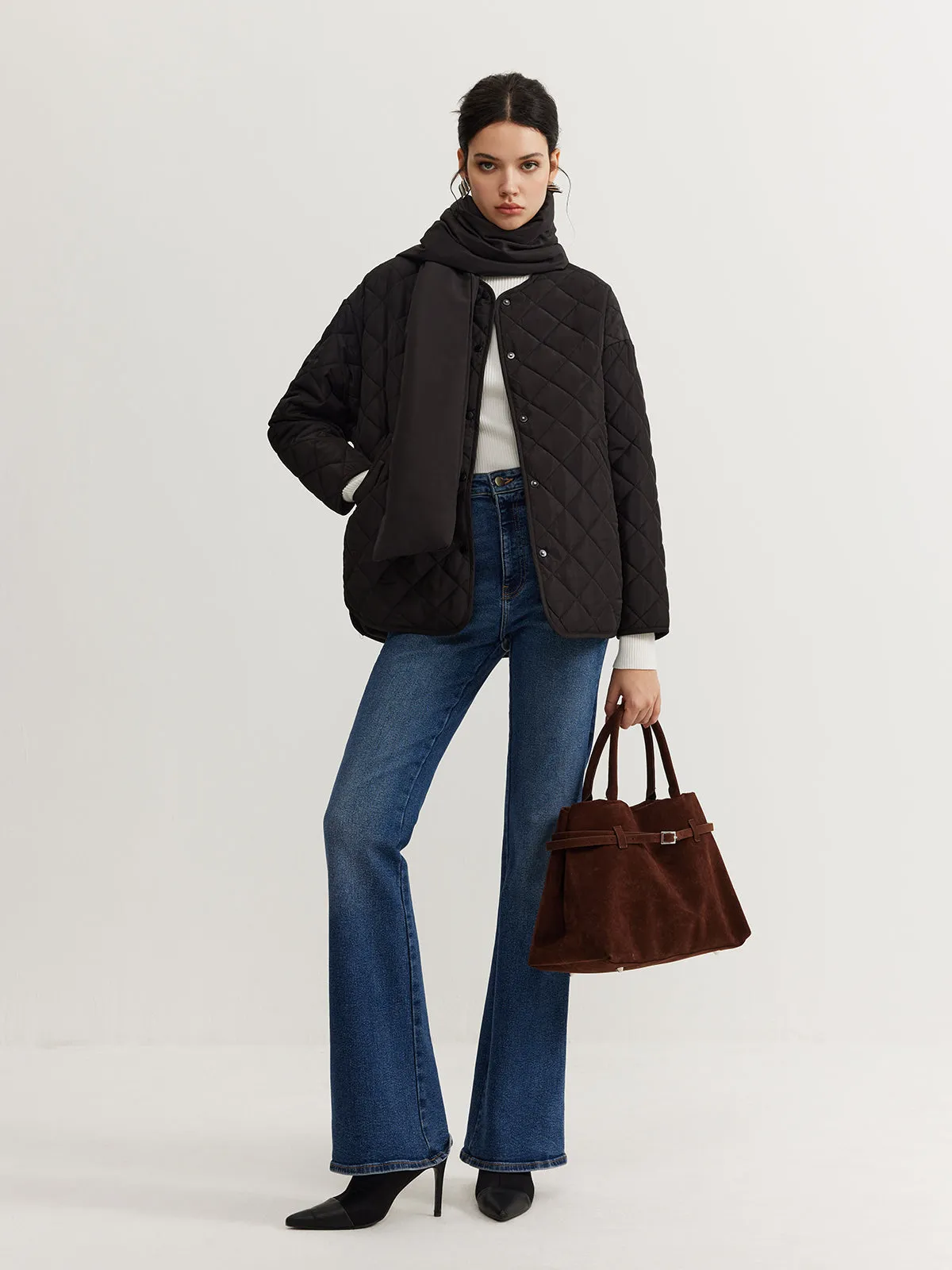 Plain Quilted Button Winter Coat With Matching Scarf sold by COMMENSE