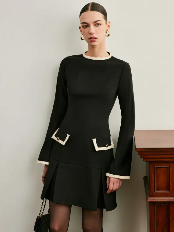Contrast Trim Bell Sleeve Pleated Zipper Dress sold by COMMENSE