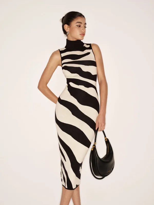 Turtleneck Zebra Printed Sleeveless Sweater Dress sold by COMMENSE