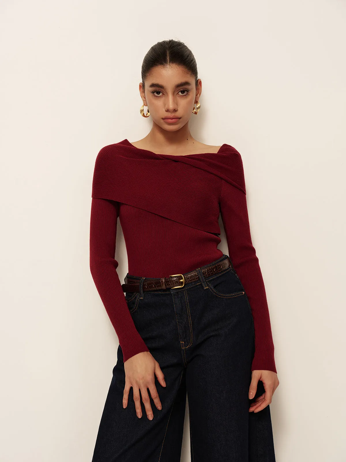 Wool-Blend Cold-Shoulder Slim Knit Top sold by COMMENSE product image thumbnail 3