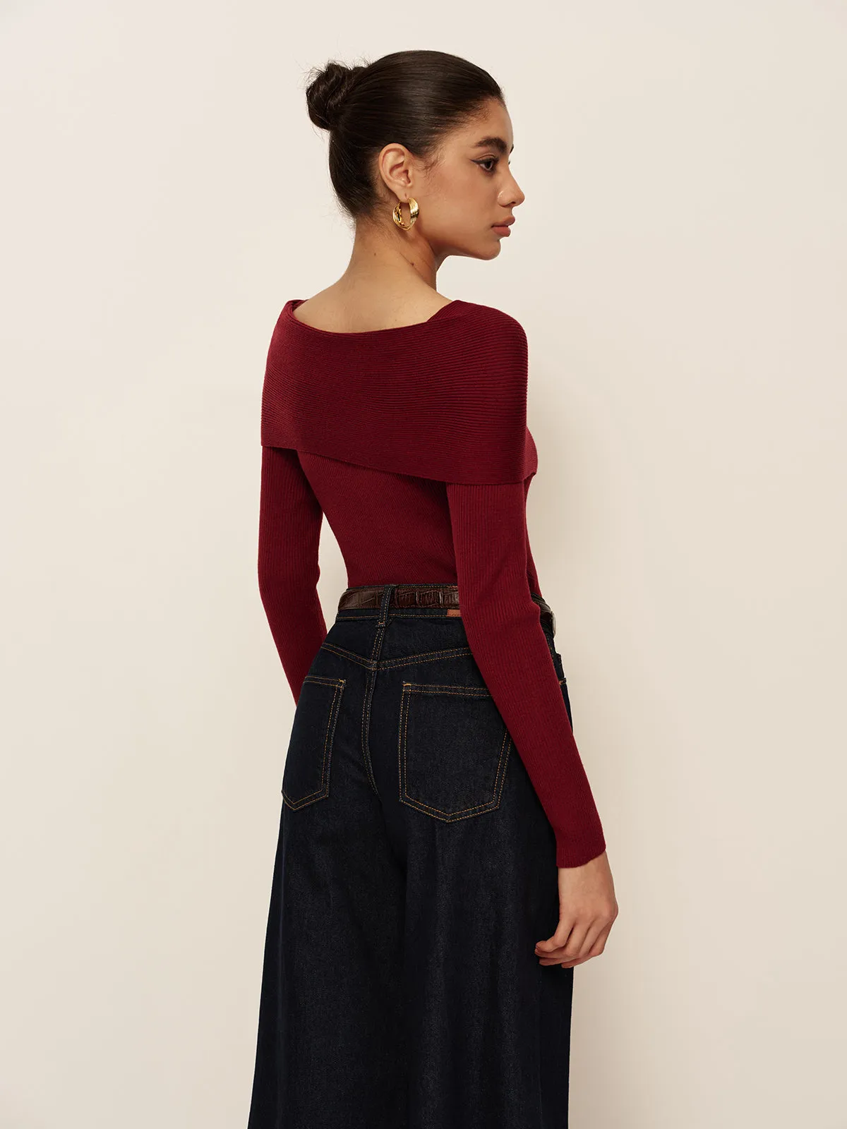 Wool-Blend Cold-Shoulder Slim Knit Top sold by COMMENSE product image thumbnail 5