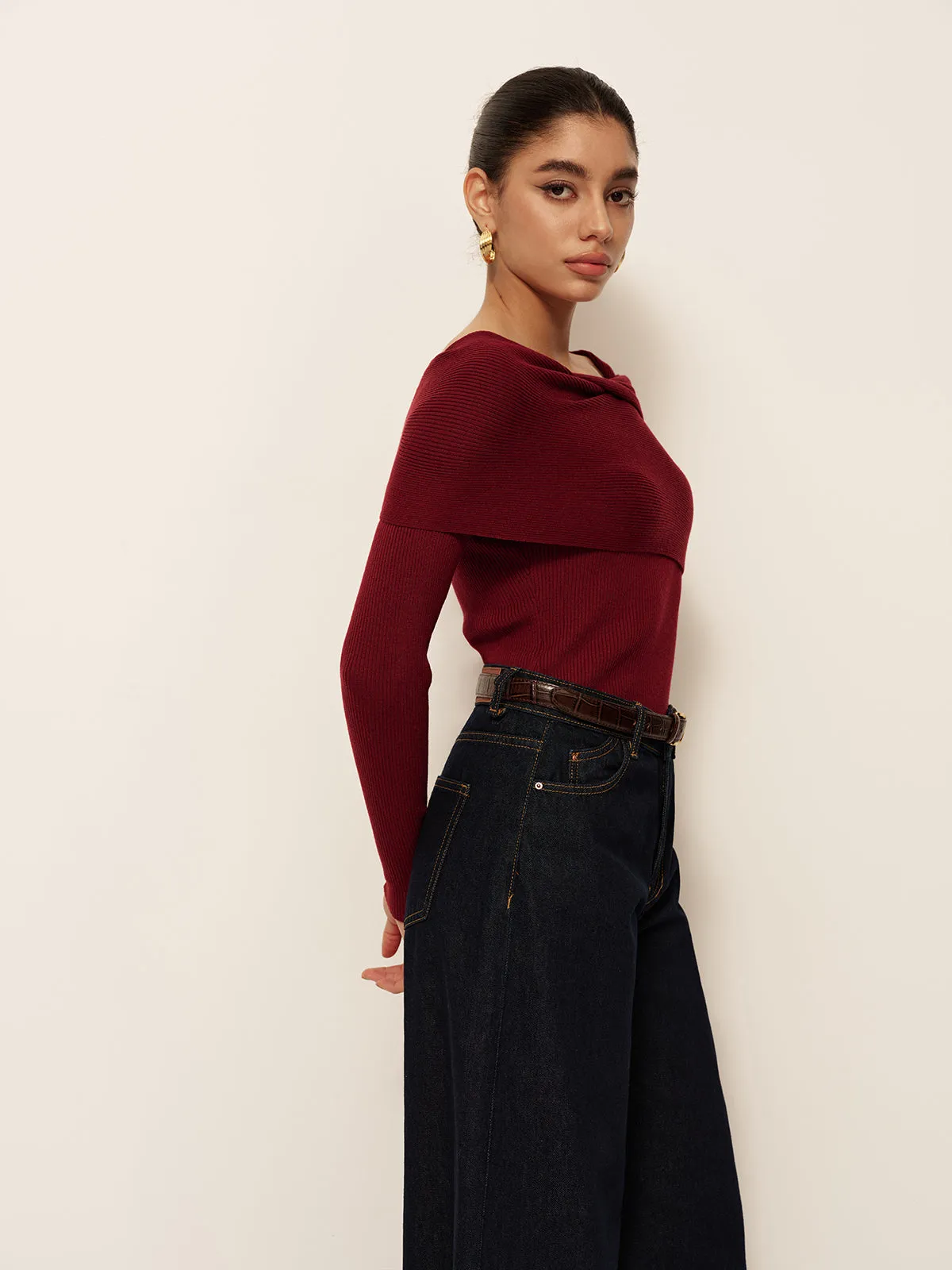 Wool-Blend Cold-Shoulder Slim Knit Top sold by COMMENSE product image thumbnail 4