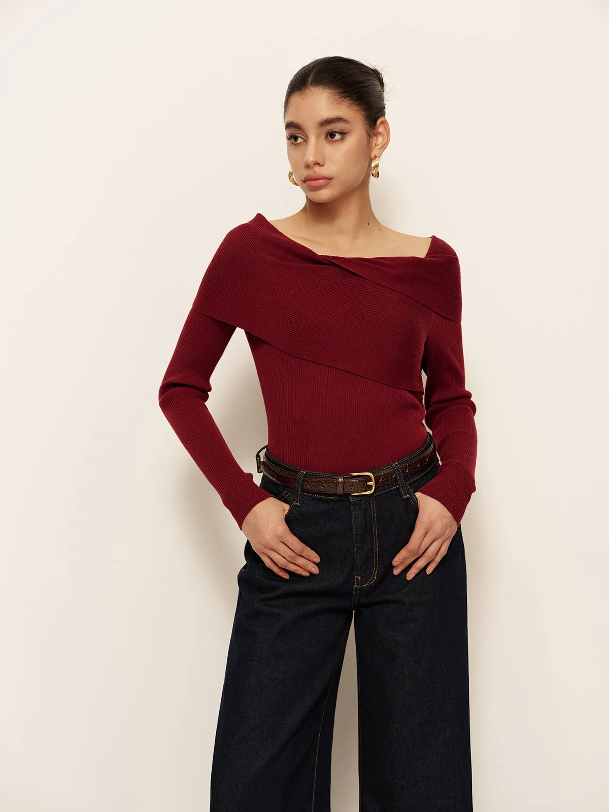 Wool-Blend Cold-Shoulder Slim Knit Top sold by COMMENSE