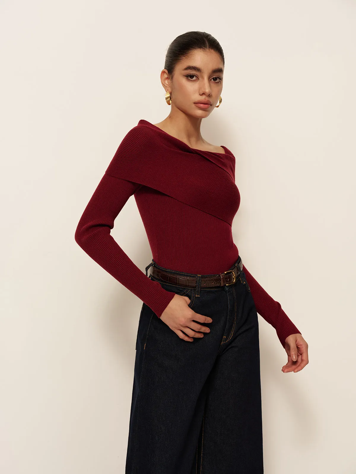 Wool-Blend Cold-Shoulder Slim Knit Top sold by COMMENSE product image thumbnail 2