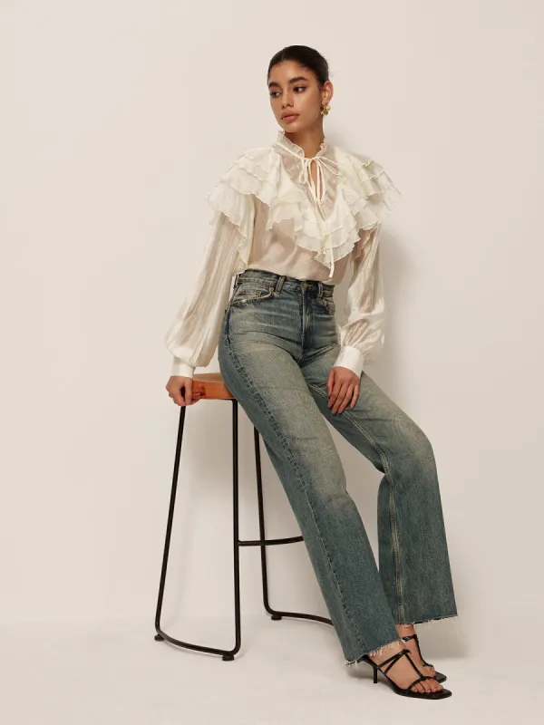 Tie Neck Semi-Sheer Ruffle Blouse made by COMMENSE