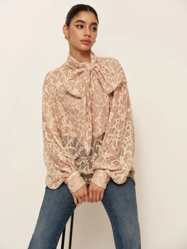 Semi-Sheer Bow-Front Lace Blouse sold by COMMENSE