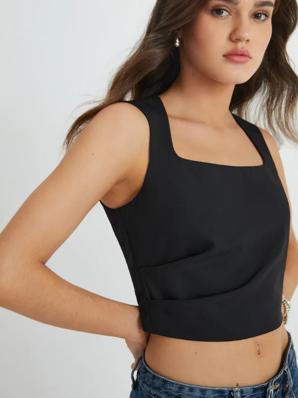 Solid Square Neck Pleated Strappy Top sold by COMMENSE