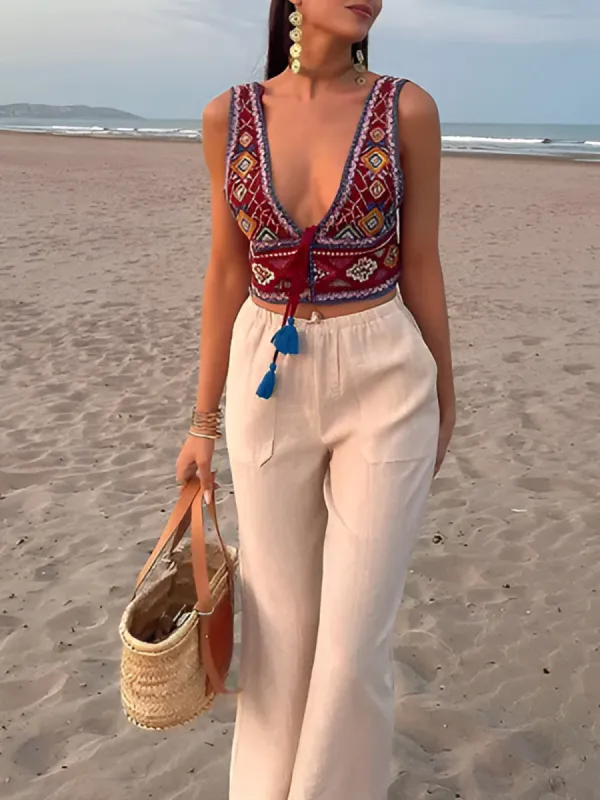 Boho Embroidery Knotted Tank Top sold by COMMENSE